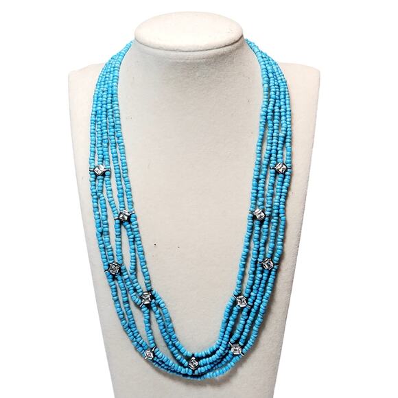 Multi Strand Blue Seed Bead Clear Rhinestone Necklace 16" Retro Silver Tone - Picture 1 of 4